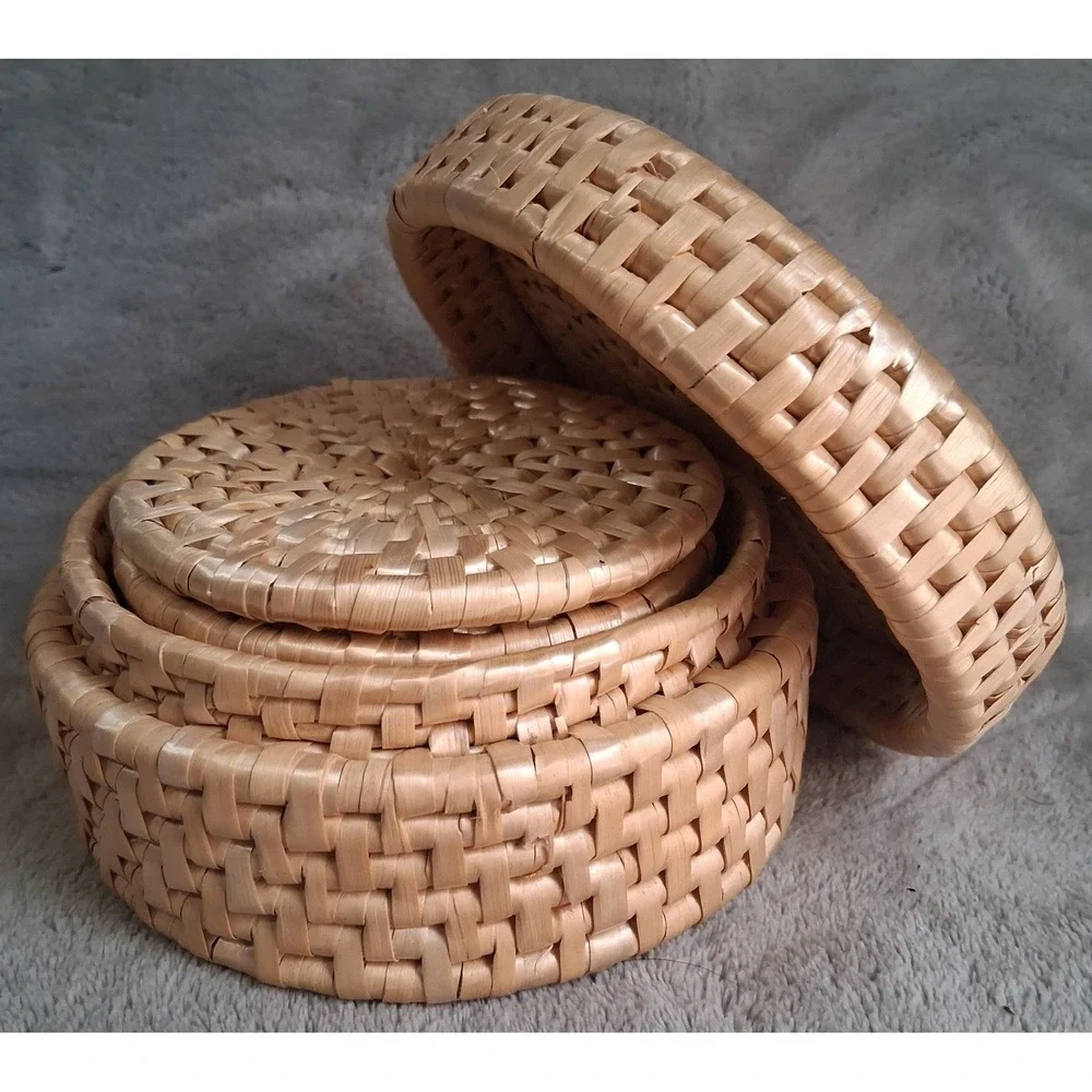 Vintage Handwoven Rattan Coaster Set of 6 with Round Lidded Basket Holder Boho